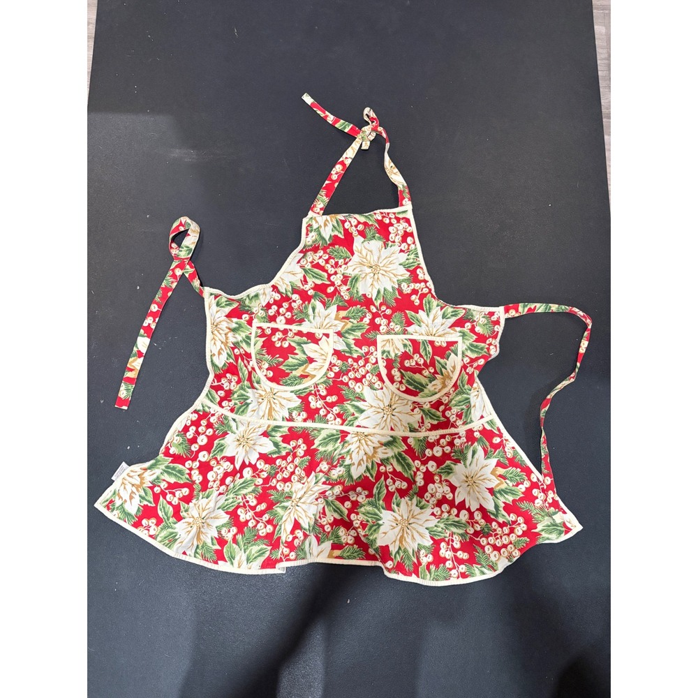 Christmas Poinsettia Floral Cotton Ruffle Apron Red White‎ Green Holiday Hosting